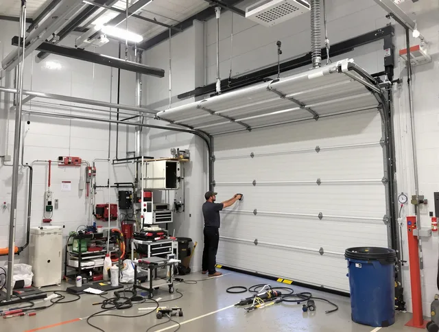 Wilton Garage Door Repair certified technician performing commercial door repair at a Wilton business facility