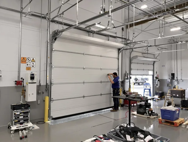 Commercial garage door repair being performed by Wilton Garage Door Repair expert in Wilton
