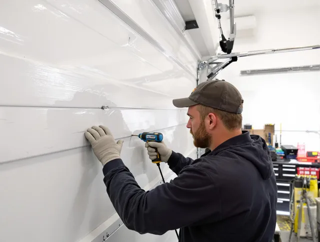 Wilton Garage Door Repair technician demonstrating precision dent removal techniques on a Wilton garage door