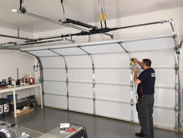 Wilton Garage Door Repair certified technician performing overhead door system repair in Wilton