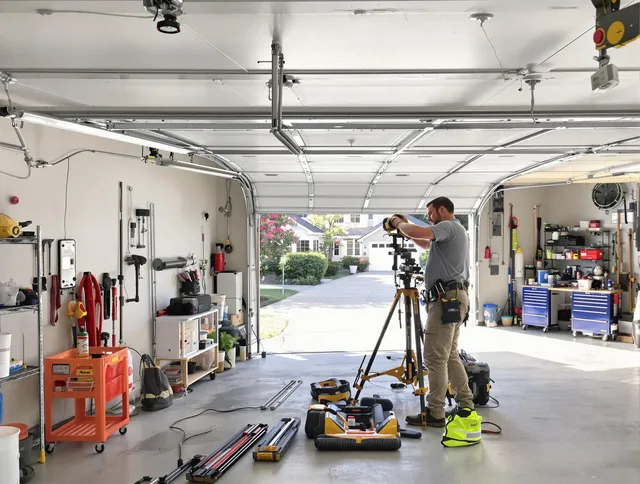 Wilton Garage Door Repair specialist performing laser-guided track alignment in Wilton